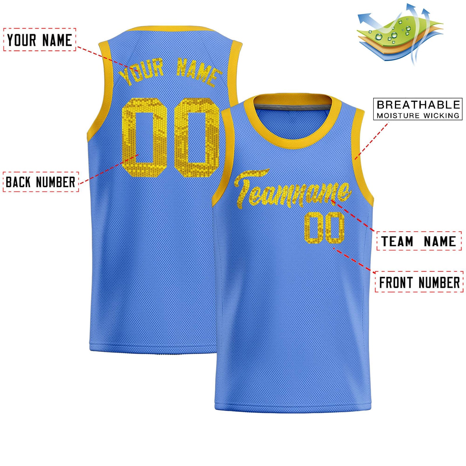 Custom Light Blue Sequined Tops Athletic Basketball Jersey