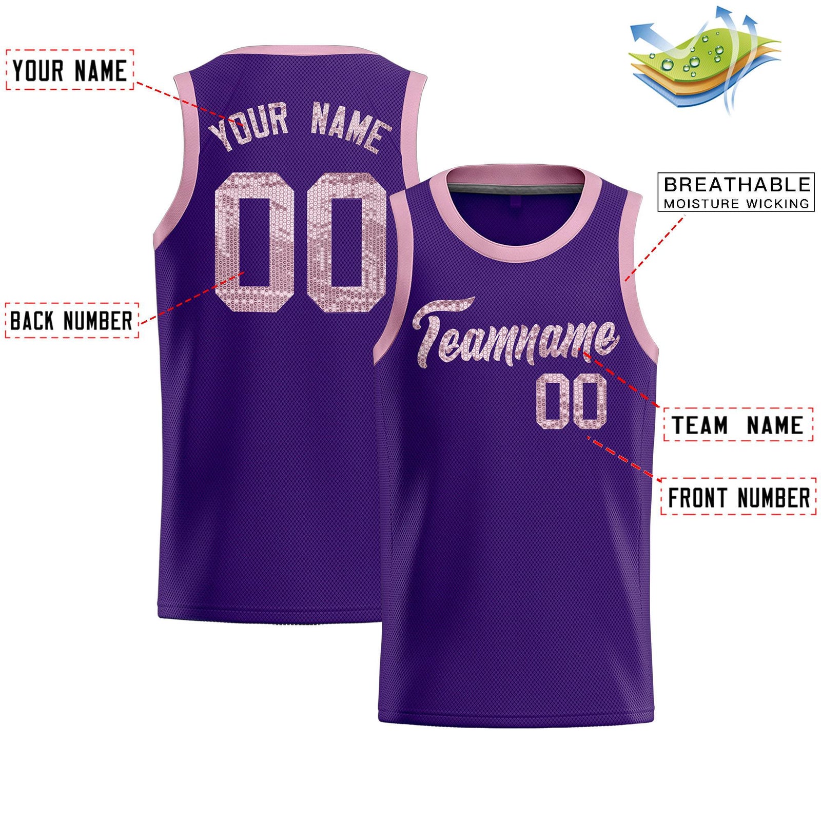Custom Purple Sequined Tops Athletic Basketball Jersey
