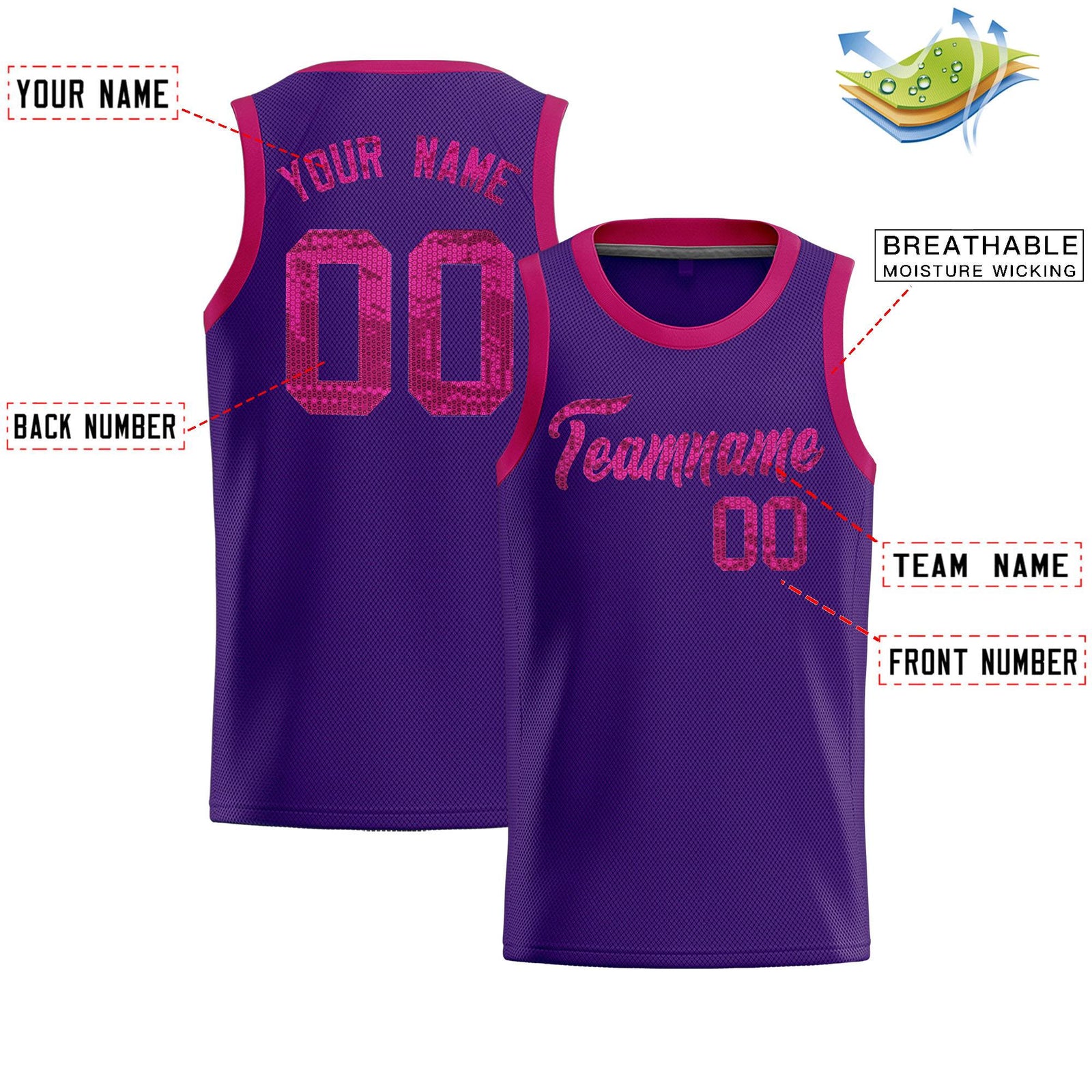 Custom Purple Sequined Tops Athletic Basketball Jersey
