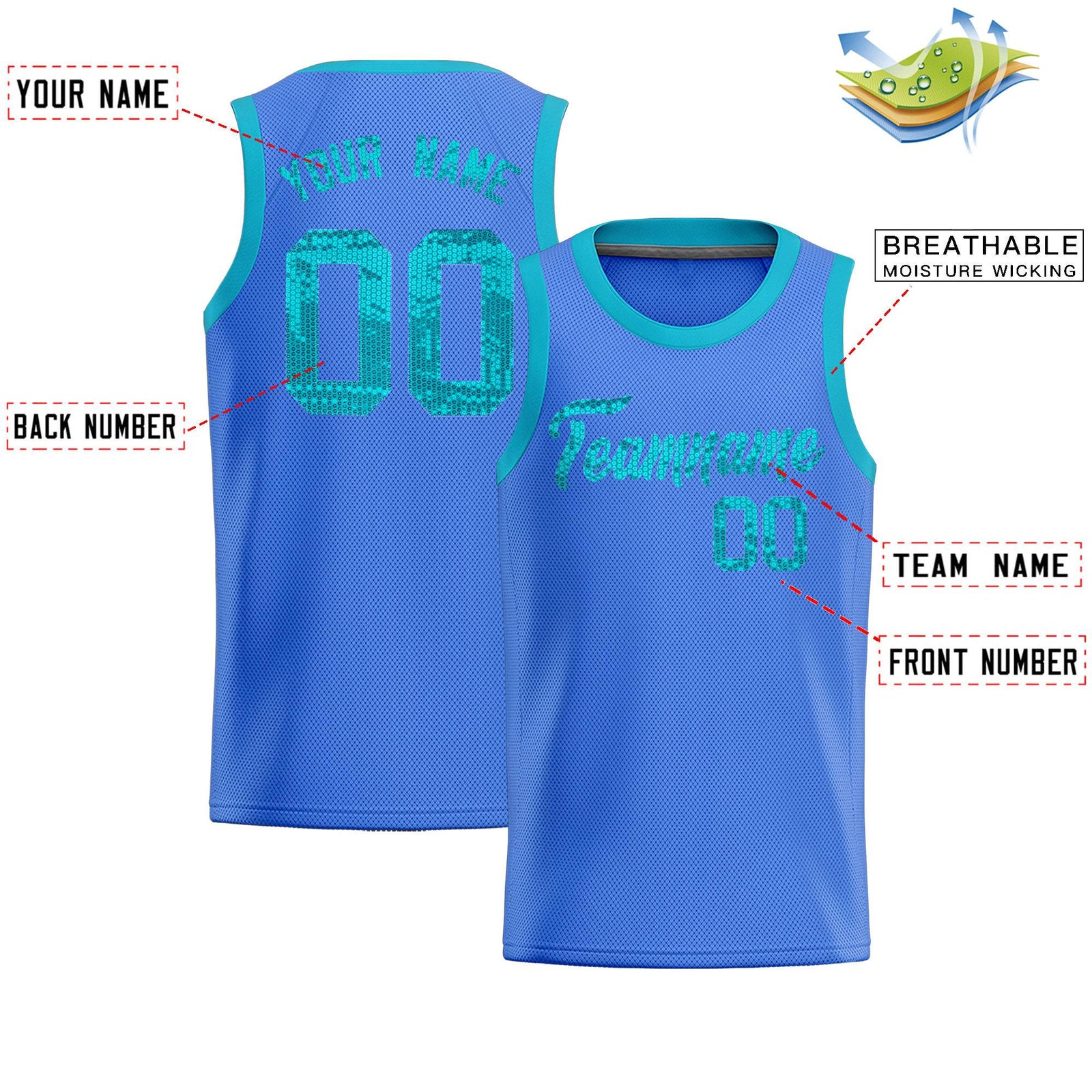 Custom Powder Blue Sequined Tops Athletic Basketball Jersey