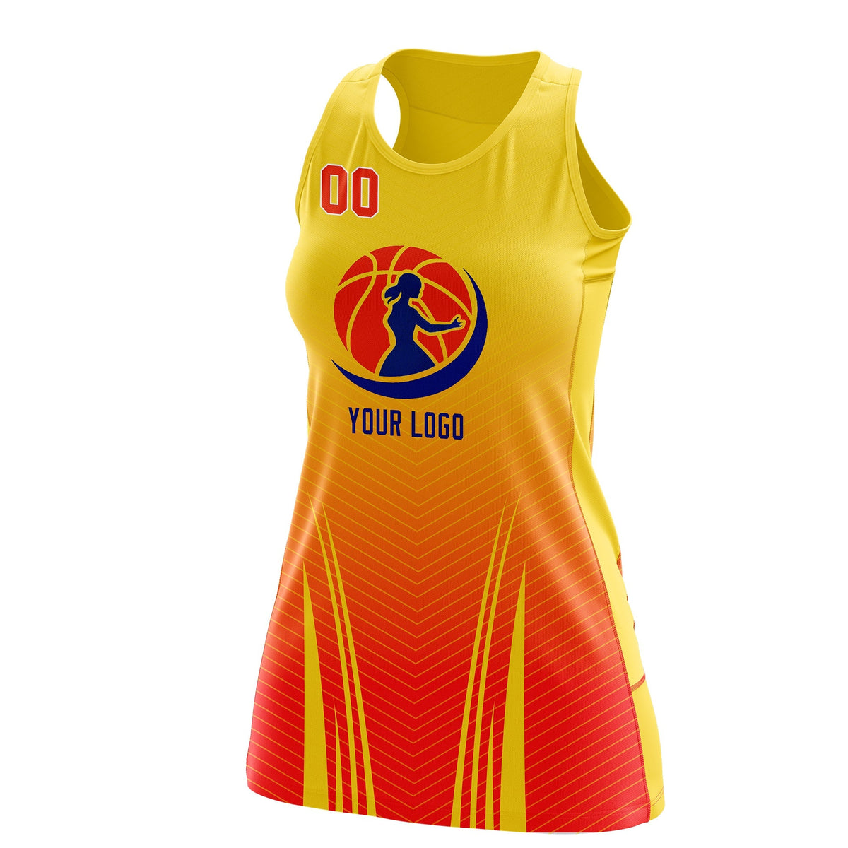Custom Women Netball Dress | Gold Orange V-Shaped Pinstripes Gradient Uniform with Logo