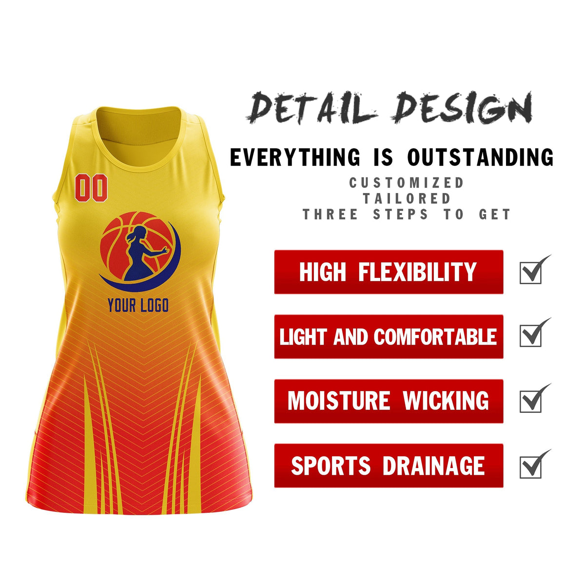 Custom Women Netball Dress | Gold Orange V-Shaped Pinstripes Gradient Uniform with Logo