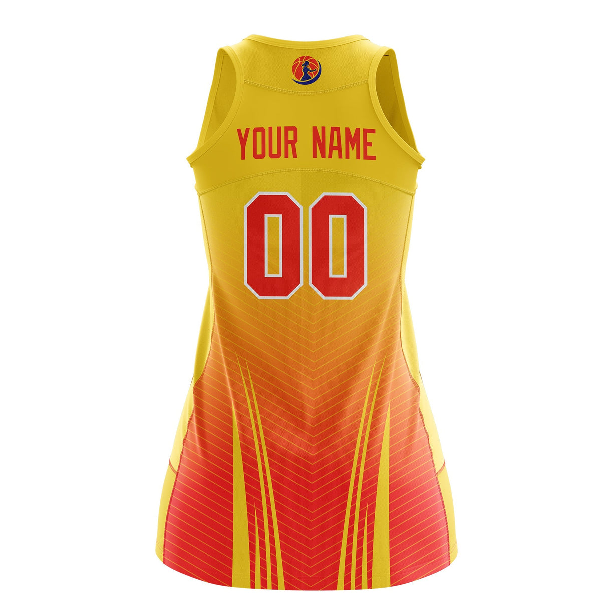 Custom Women Netball Dress | Gold Orange V-Shaped Pinstripes Gradient Uniform with Logo