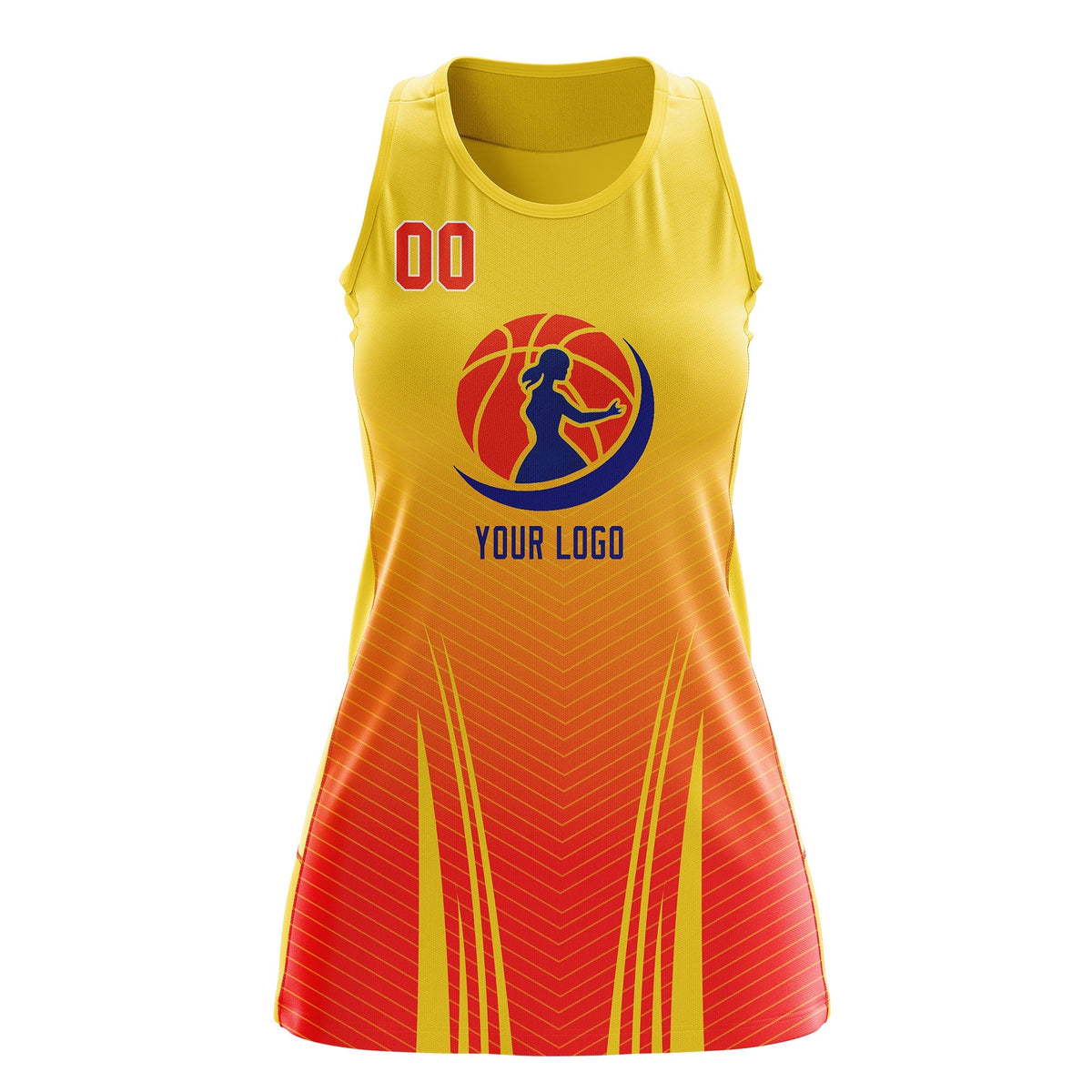 Custom Women Netball Dress | Gold Orange V-Shaped Pinstripes Gradient Uniform with Logo