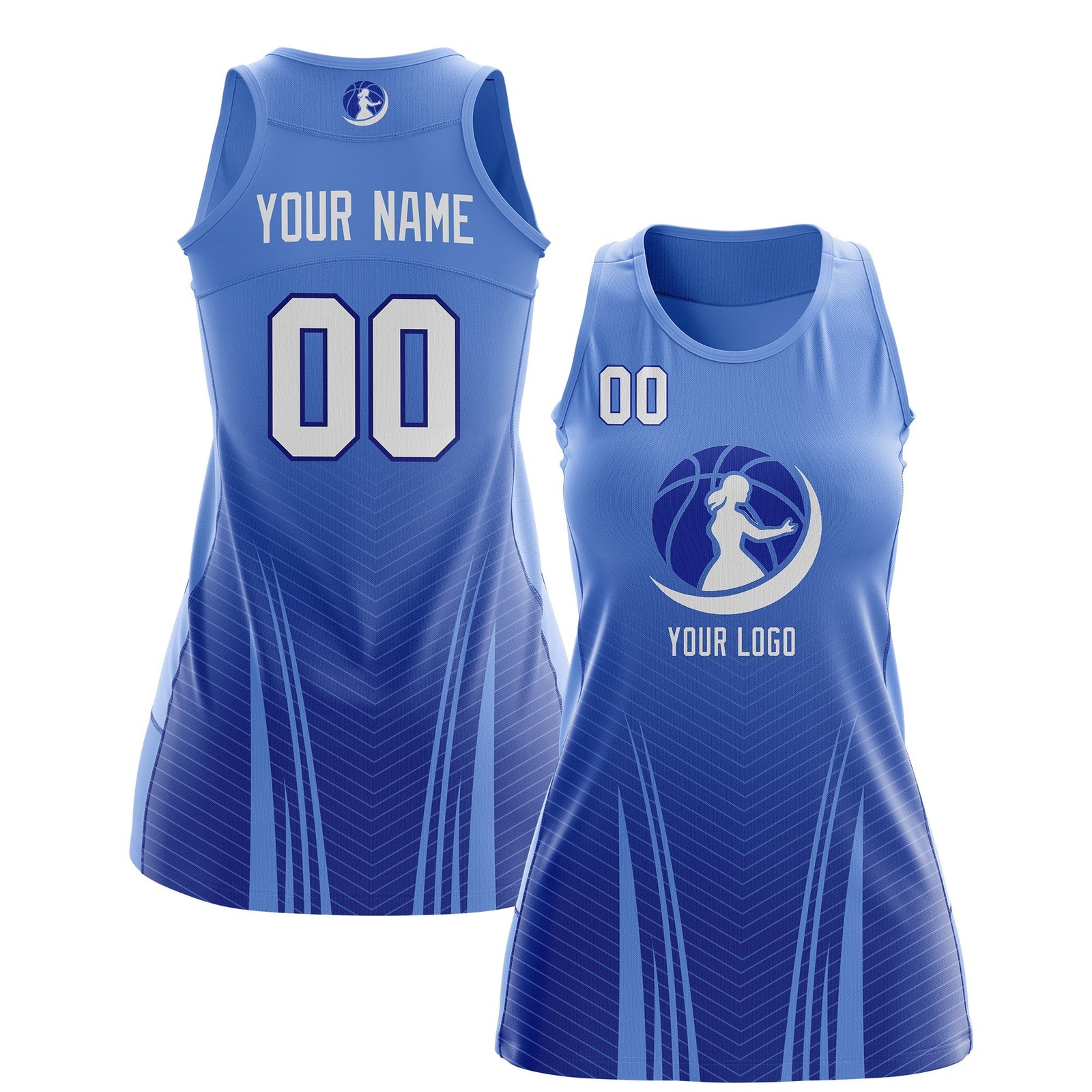 Custom Netball Dress | Light Blue Royal Blue for Women with V-Shaped Pinstripes Personalized Uniform