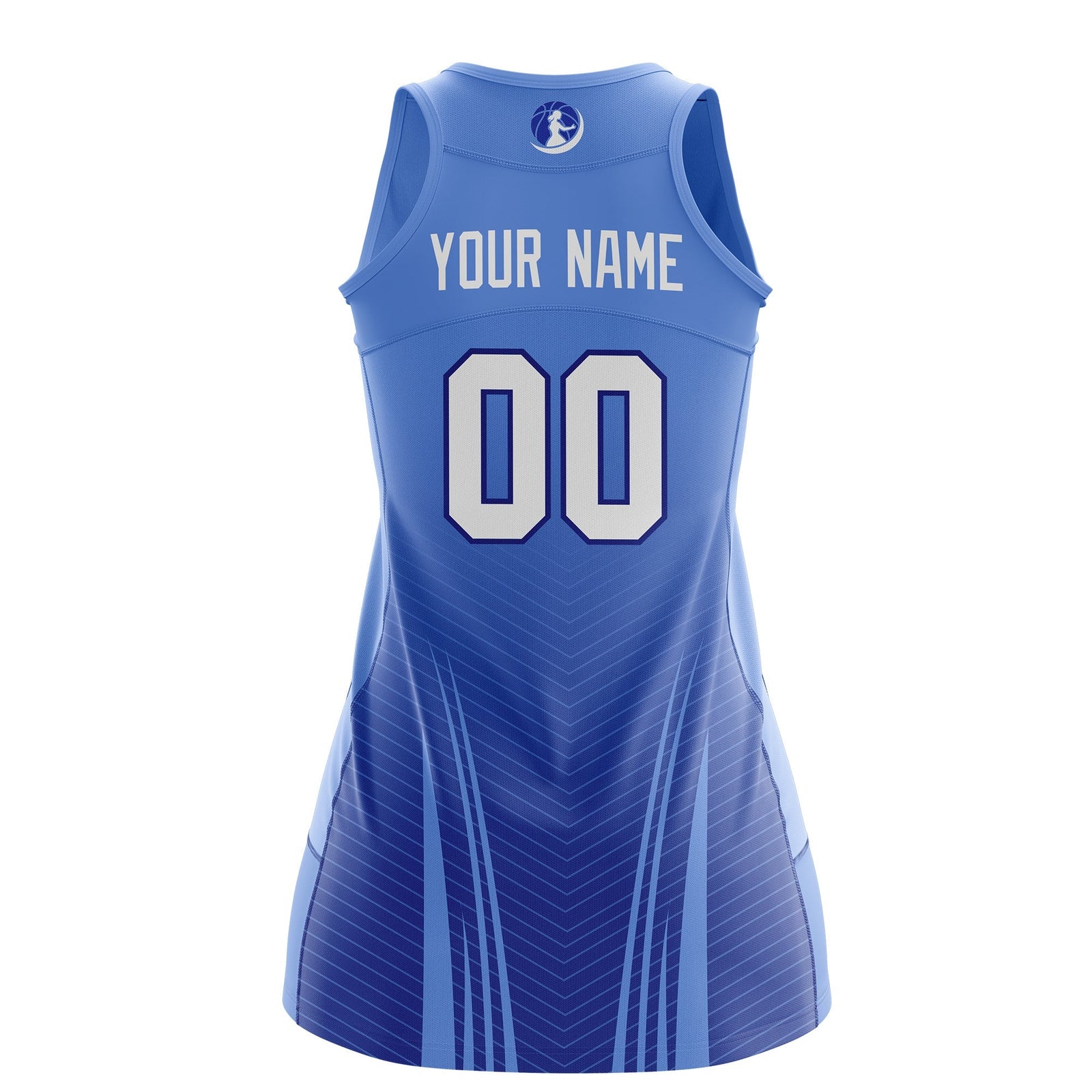 Custom Netball Dress | Light Blue Royal Blue for Women with V-Shaped Pinstripes Personalized Uniform
