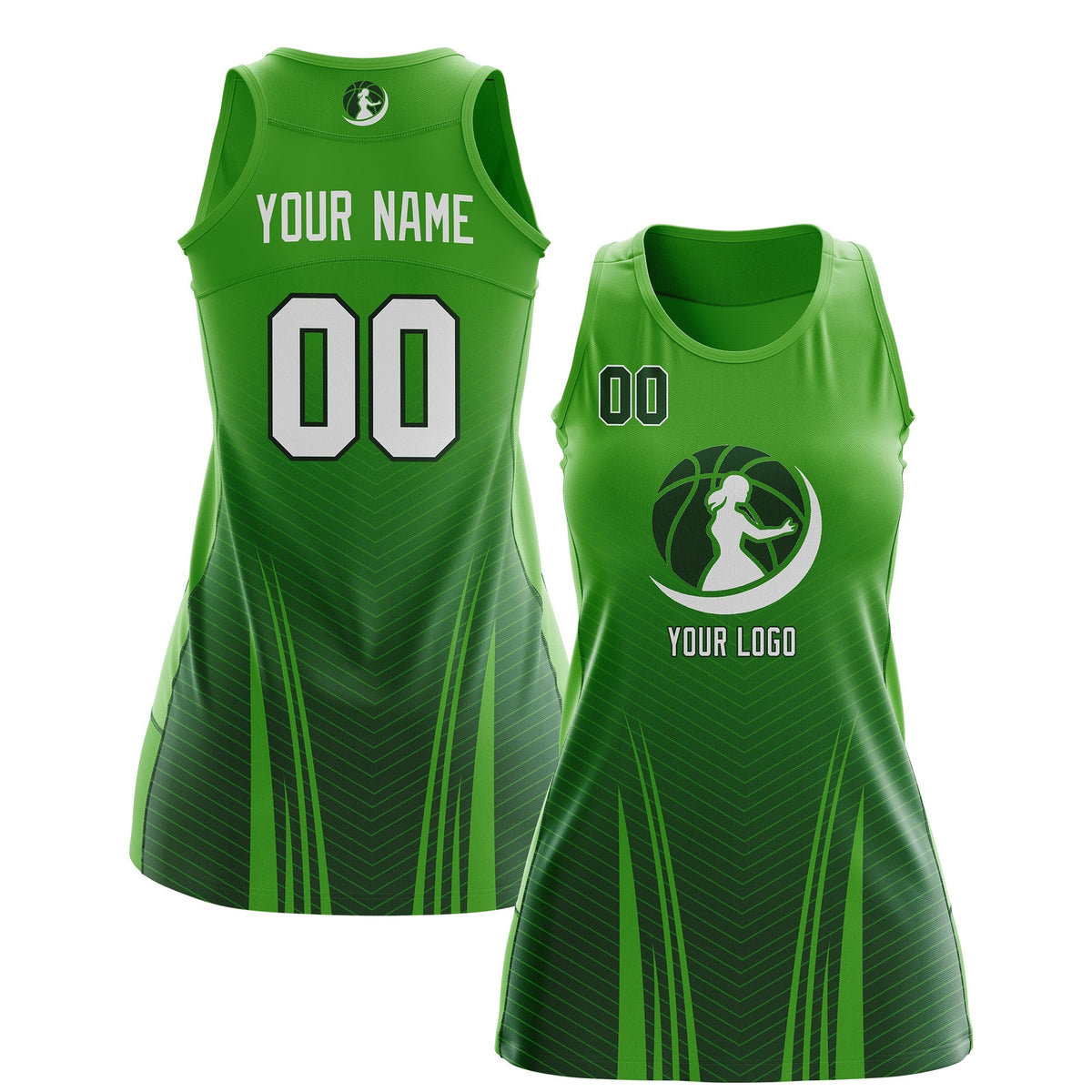 Custom Women Netball Dress | Light Green Green V-Shaped Pinstripes Gradient Team Uniform