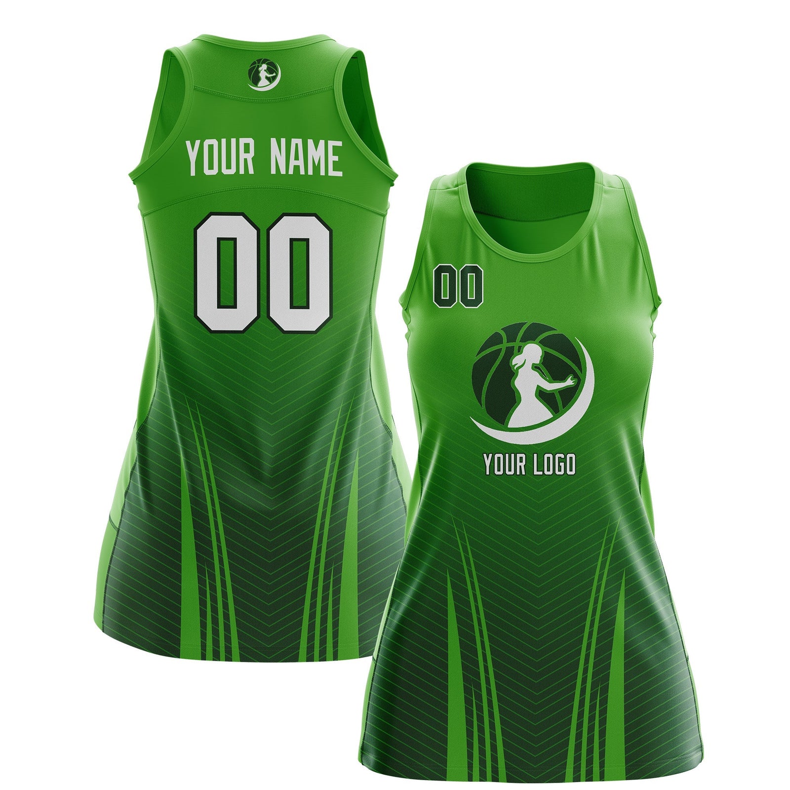 Custom Women Netball Dress | Light Green Green V-Shaped Pinstripes Gradient Team Uniform