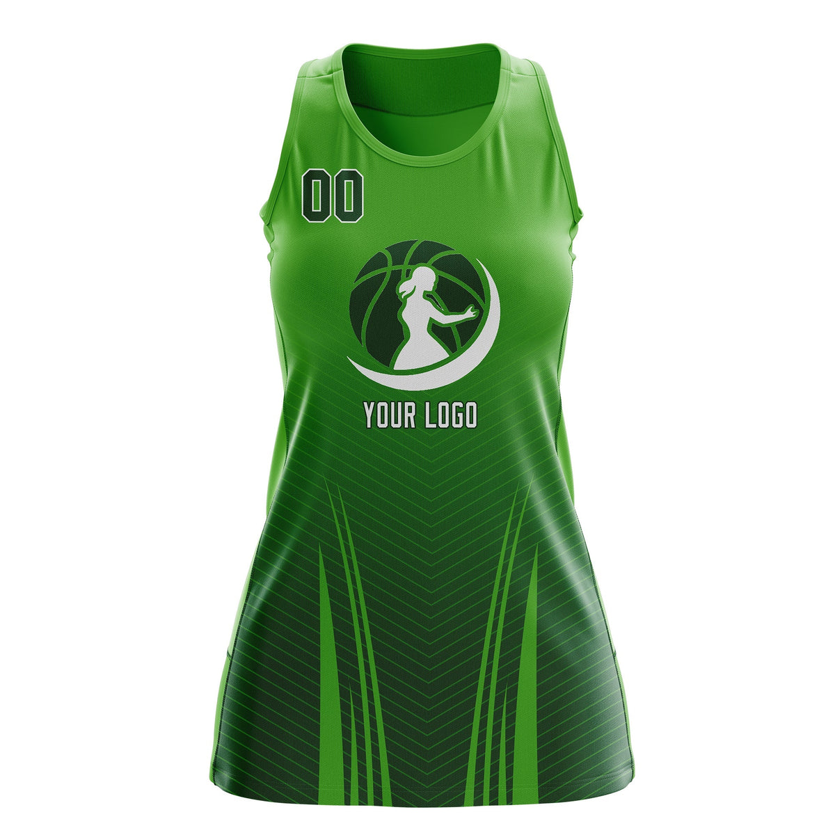 Custom Women Netball Dress | Light Green Green V-Shaped Pinstripes Gradient Team Uniform