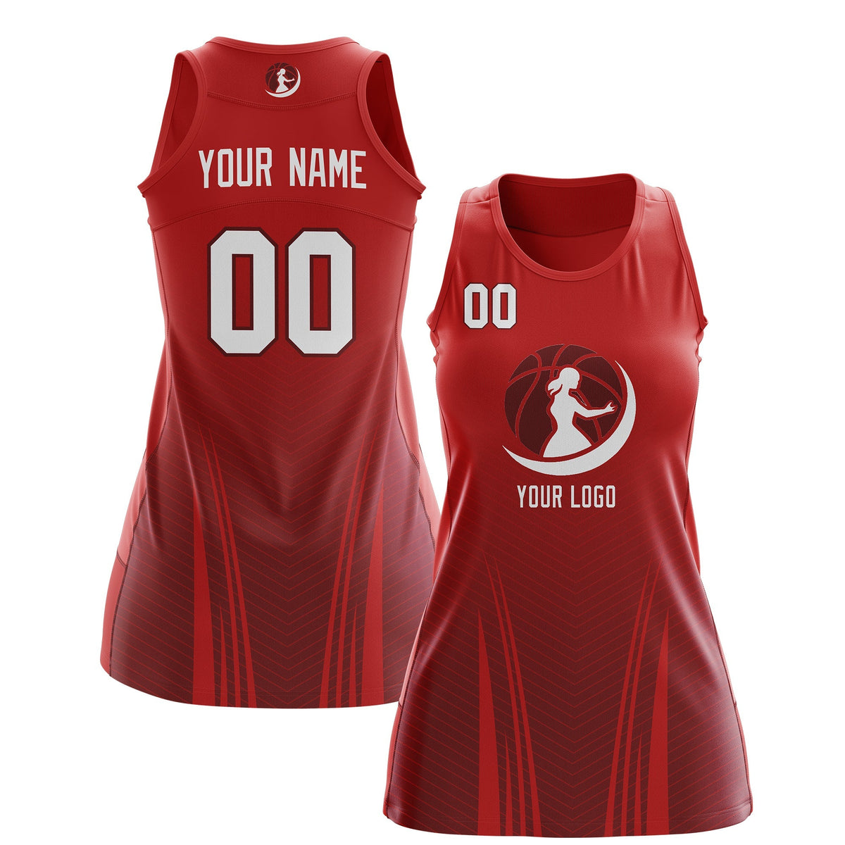 Custom Women Netball Dress | Red Crimson V-Shaped Pinstripes Gradient Uniform with Logo