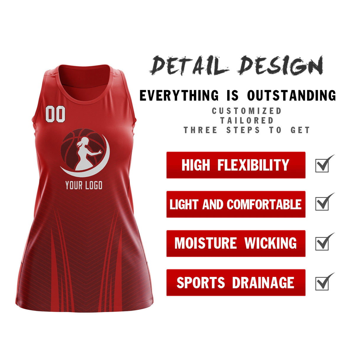 Custom Women Netball Dress | Red Crimson V-Shaped Pinstripes Gradient Uniform with Logo