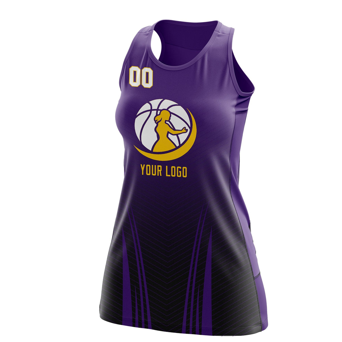 Custom Netball Dress | Purple Black for Women with V-Shaped Pinstripes Personalized Uniform