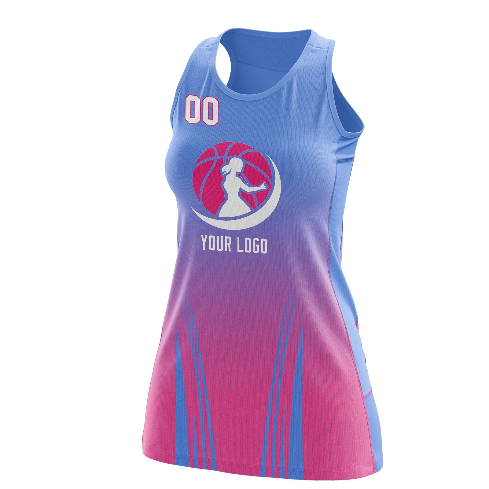 Custom Women Netball Dress | Light Blue Pink V-Shaped Pinstripes Gradient Uniform with Logo
