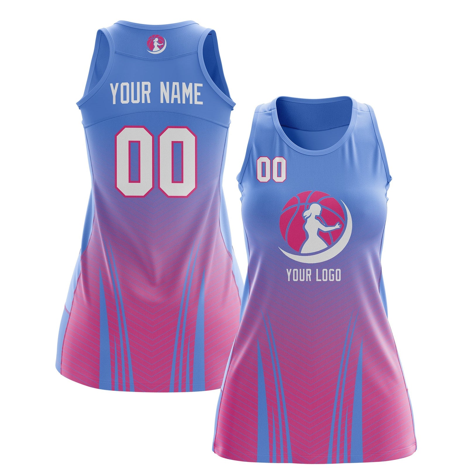 Custom Women Netball Dress | Light Blue Pink V-Shaped Pinstripes Gradient Uniform with Logo