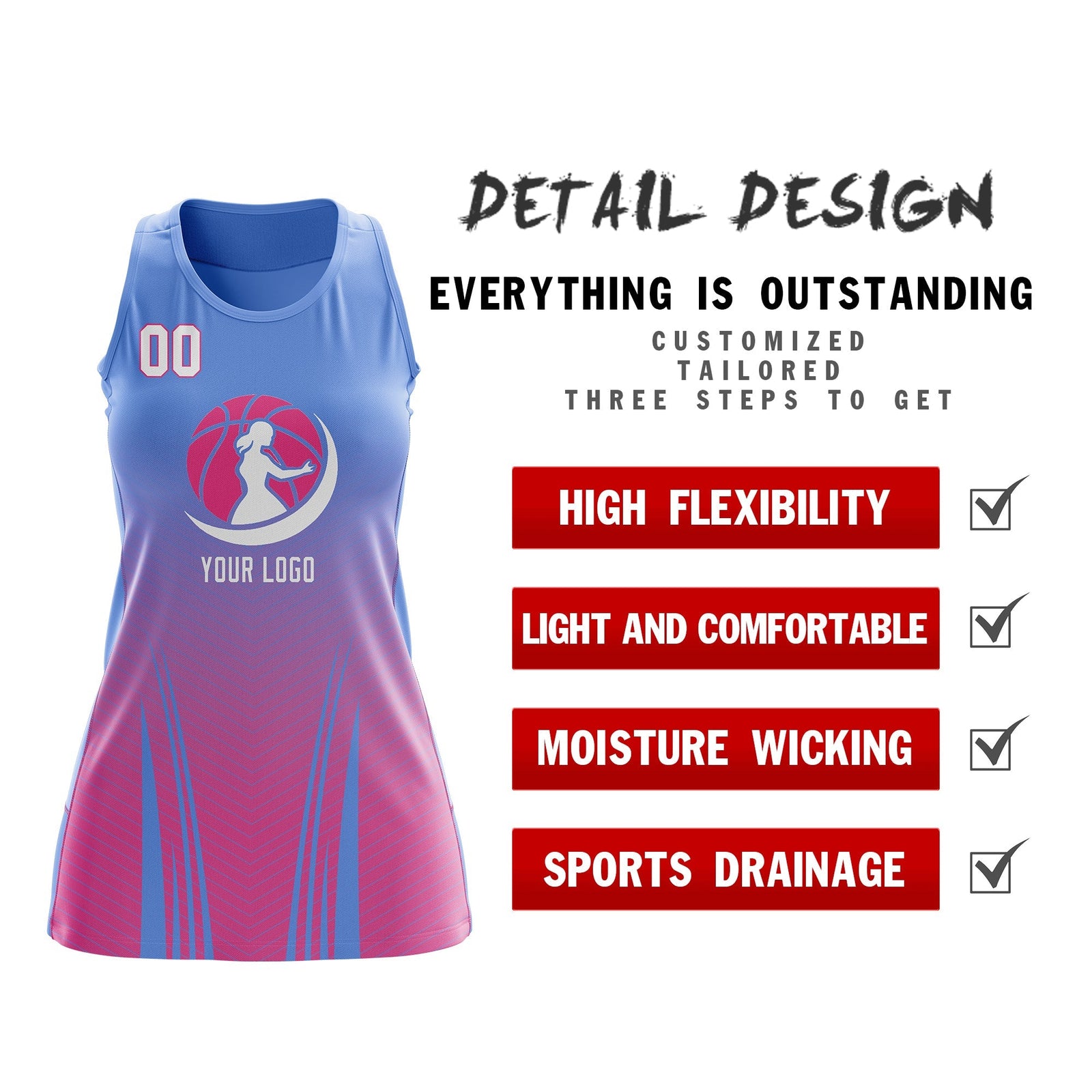 Custom Women Netball Dress | Light Blue Pink V-Shaped Pinstripes Gradient Uniform with Logo