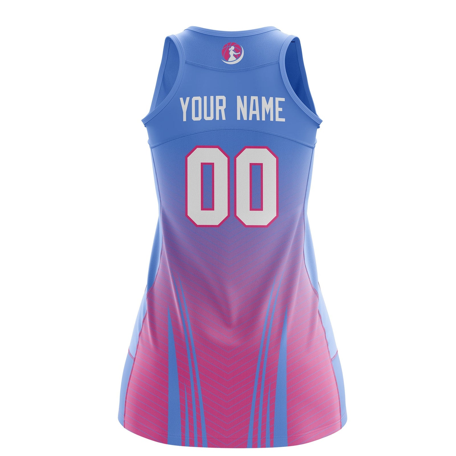 Custom Women Netball Dress | Light Blue Pink V-Shaped Pinstripes Gradient Uniform with Logo