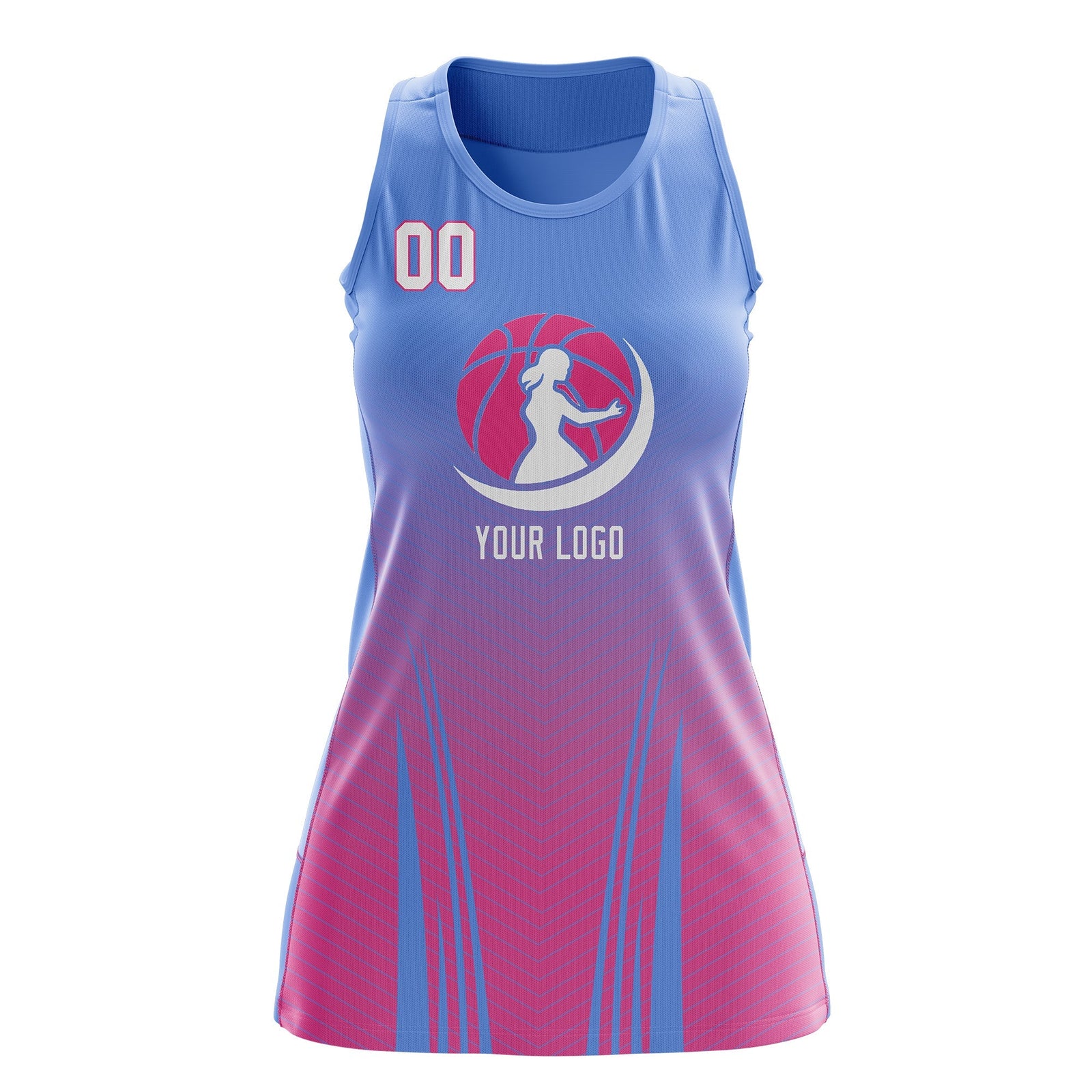 Custom Women Netball Dress | Light Blue Pink V-Shaped Pinstripes Gradient Uniform with Logo