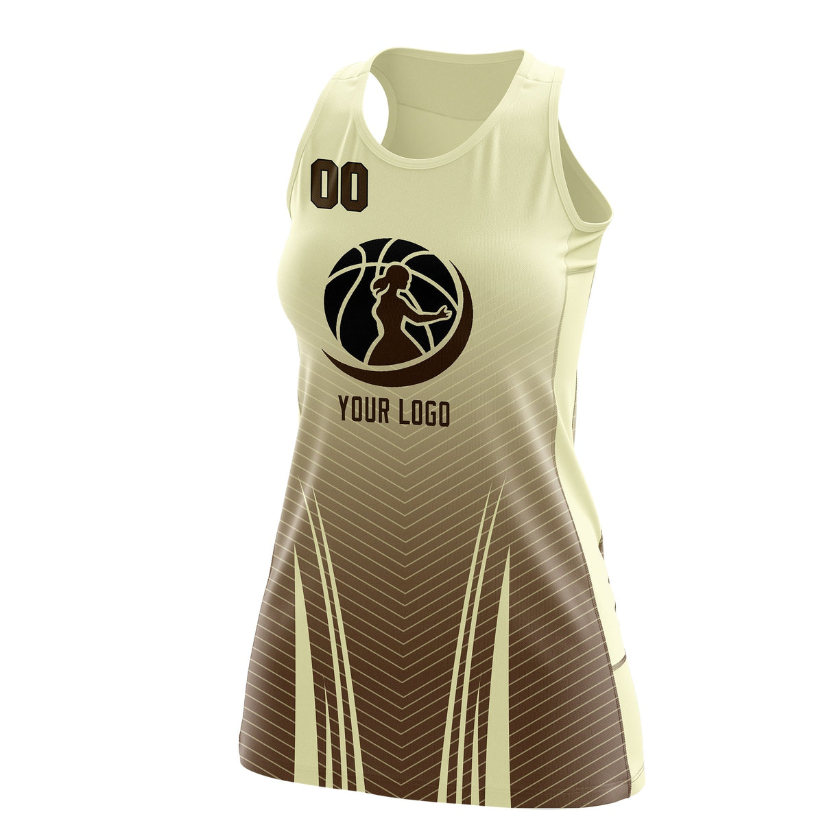 Custom Netball Dress | Cream Light Brown for Women with V-Shaped Pinstripes Personalized Uniform