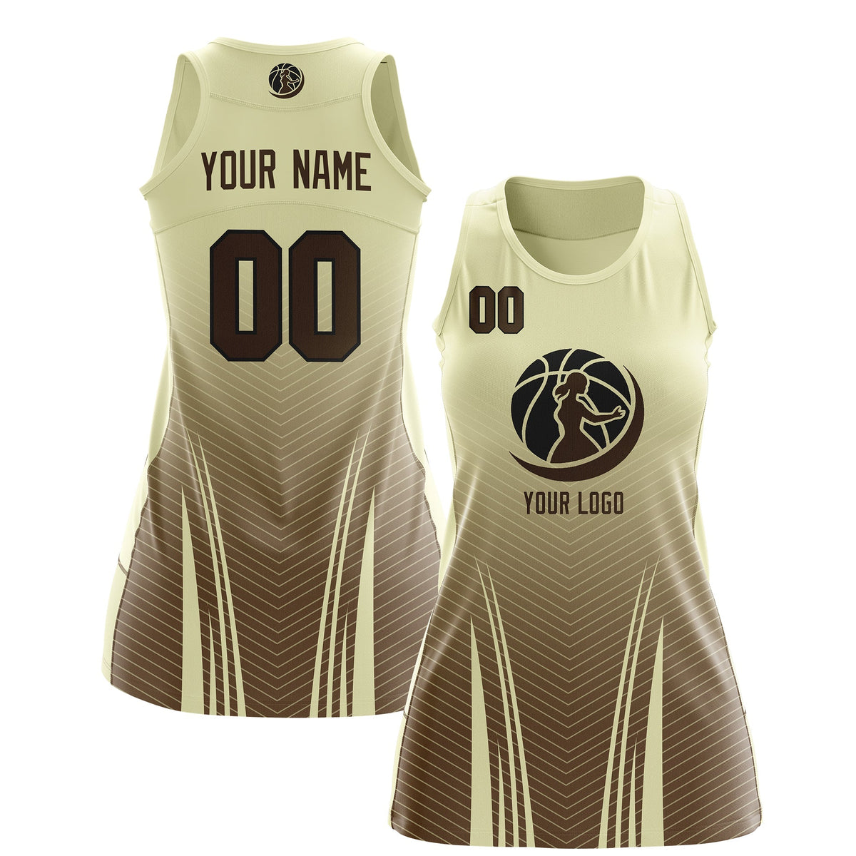 Custom Netball Dress | Cream Light Brown for Women with V-Shaped Pinstripes Personalized Uniform