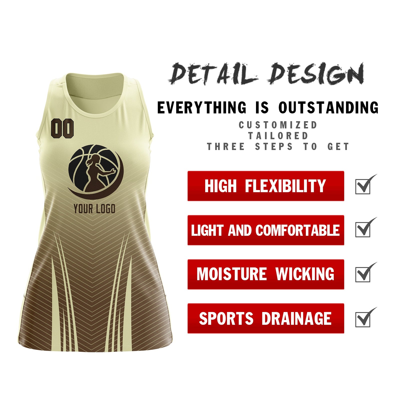 Custom Netball Dress | Cream Light Brown for Women with V-Shaped Pinstripes Personalized Uniform