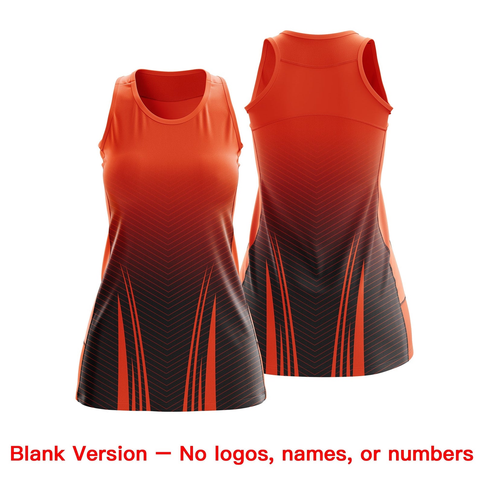Custom Women Netball Dress | Orange Black V-Shaped Pinstripes Gradient Team Uniform