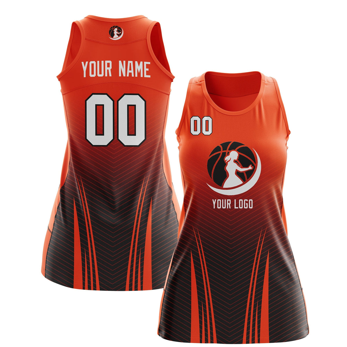 Custom Women Netball Dress | Orange Black V-Shaped Pinstripes Gradient Team Uniform