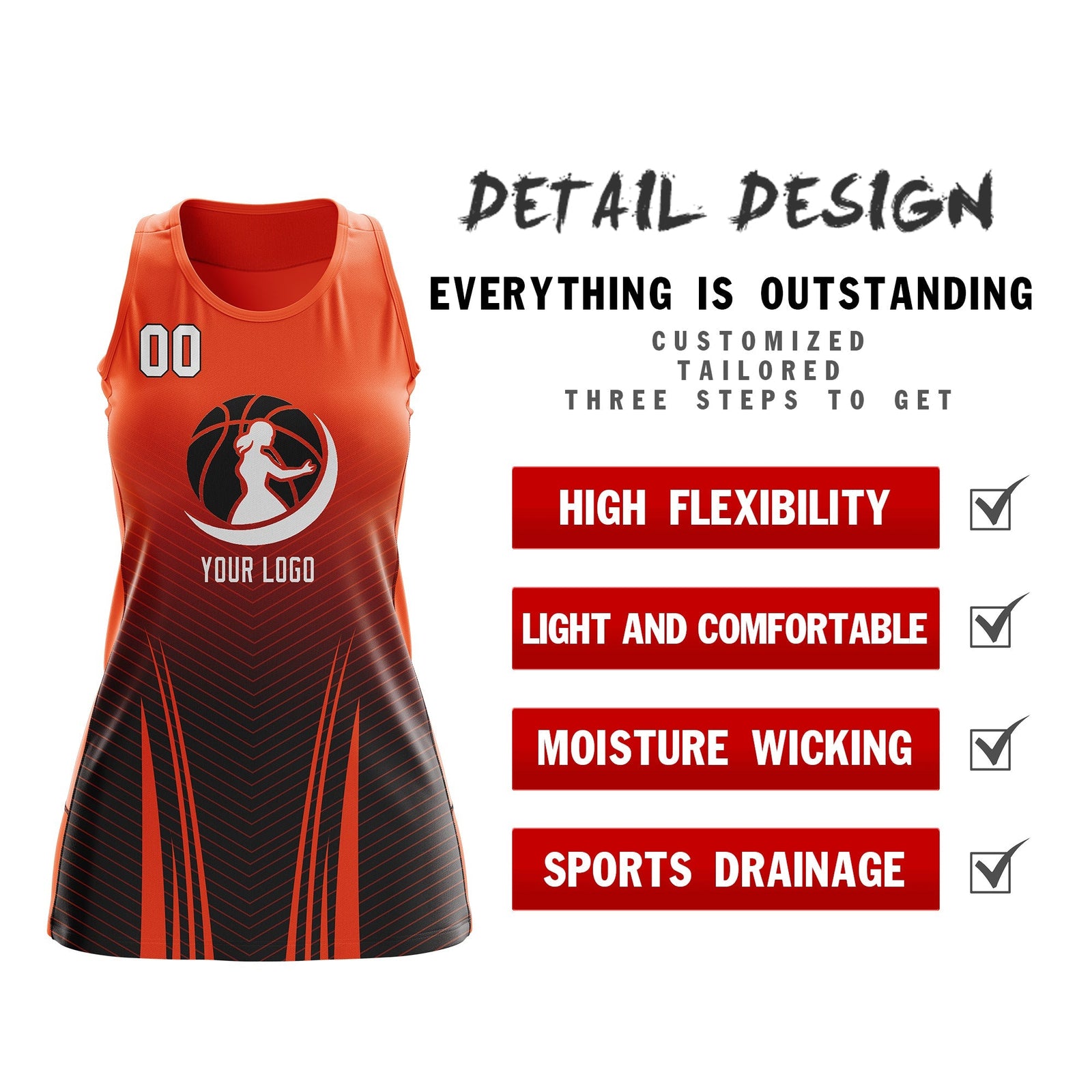 Custom Women Netball Dress | Orange Black V-Shaped Pinstripes Gradient Team Uniform