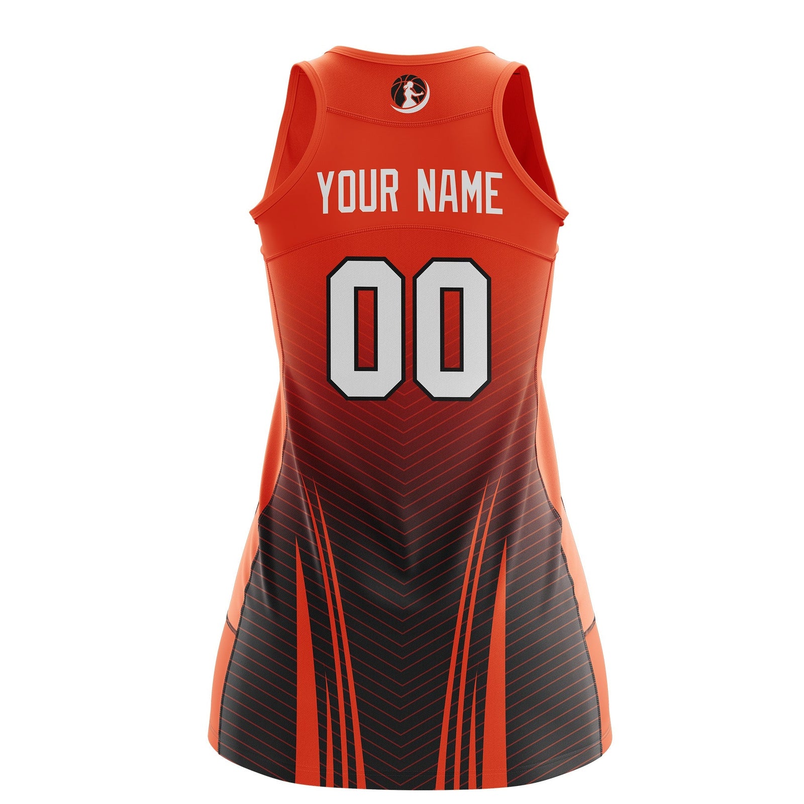 Custom Women Netball Dress | Orange Black V-Shaped Pinstripes Gradient Team Uniform
