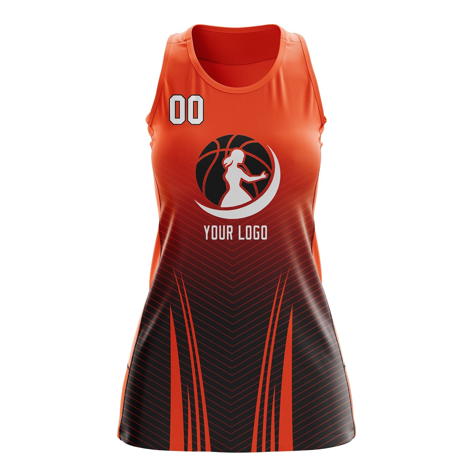 Custom Women Netball Dress | Orange Black V-Shaped Pinstripes Gradient Team Uniform