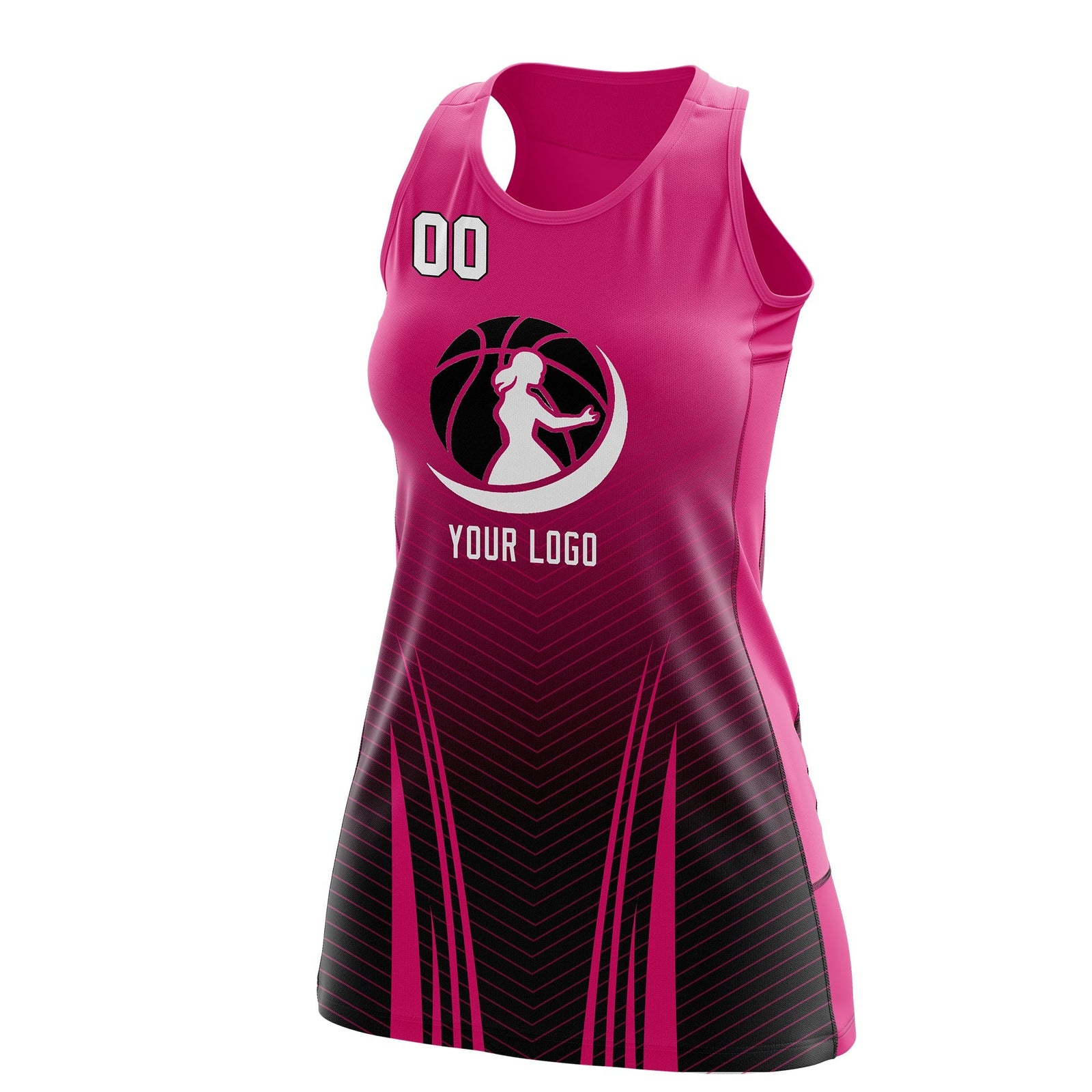 Custom Women Netball Dress | Rose Red Black V-Shaped Pinstripes Gradient Uniform with Logo