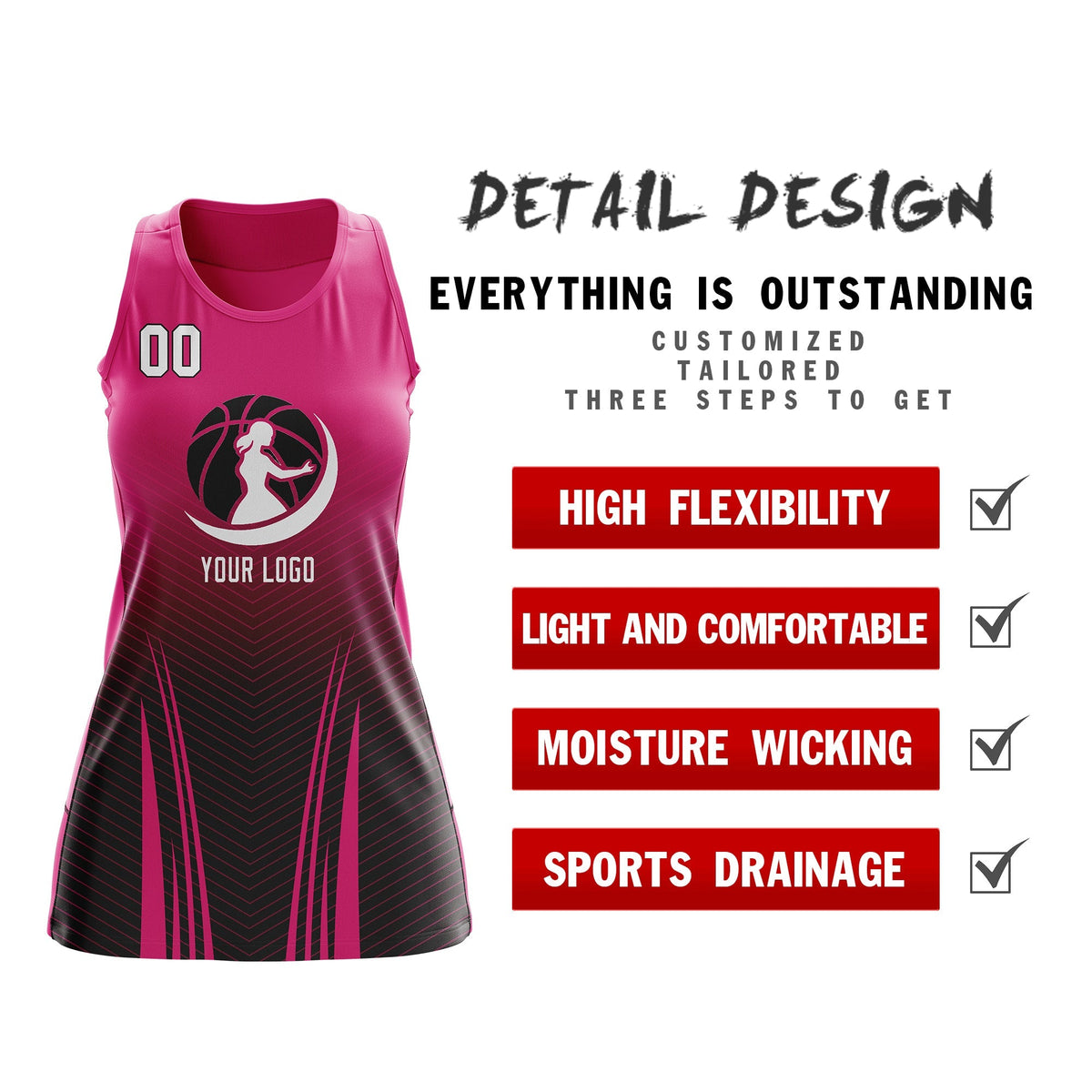 Custom Women Netball Dress | Rose Red Black V-Shaped Pinstripes Gradient Uniform with Logo