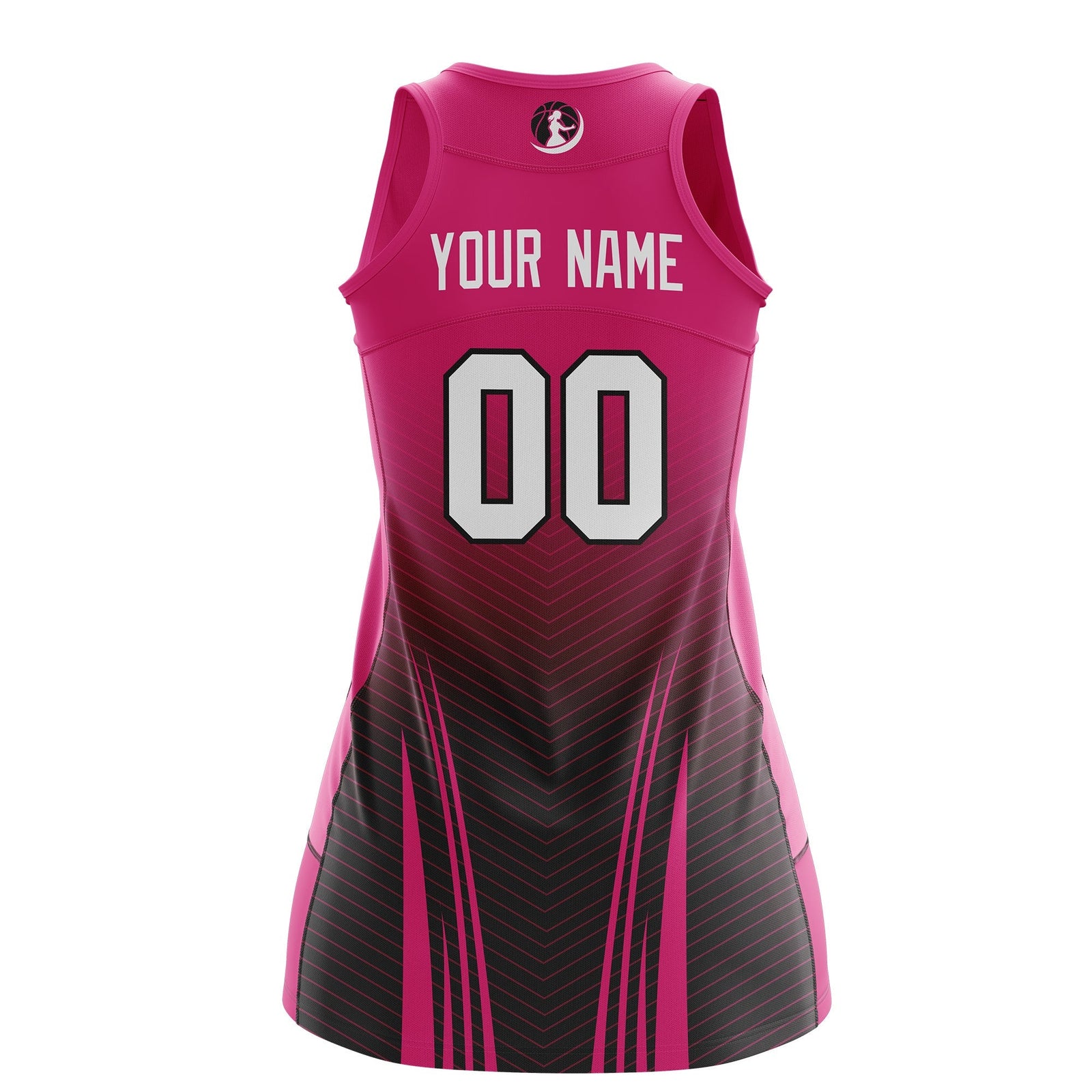 Custom Women Netball Dress | Rose Red Black V-Shaped Pinstripes Gradient Uniform with Logo