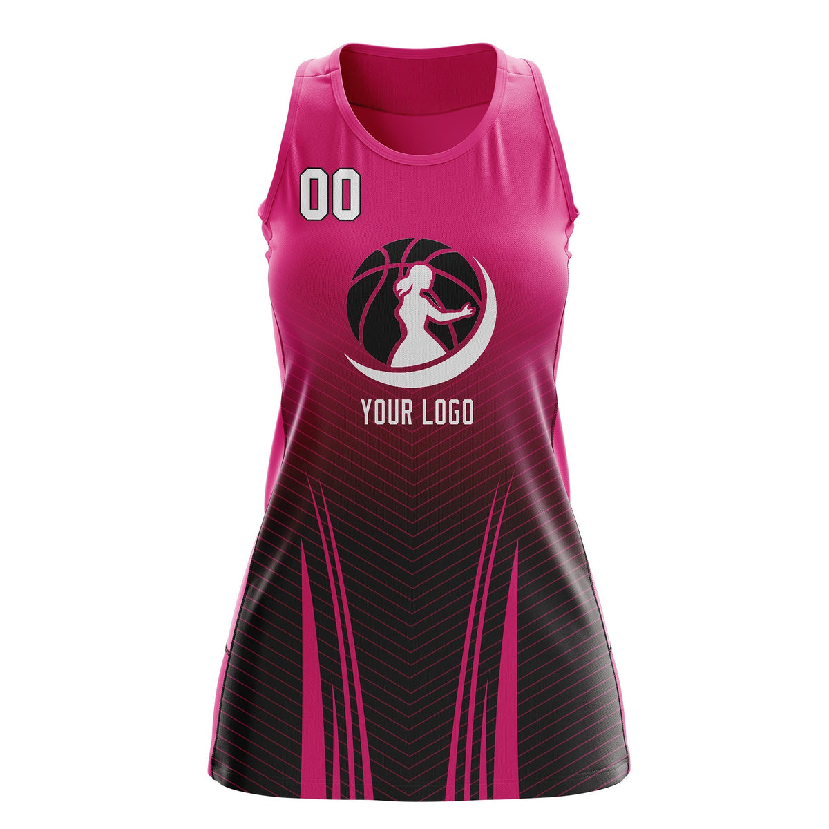Custom Women Netball Dress | Rose Red Black V-Shaped Pinstripes Gradient Uniform with Logo