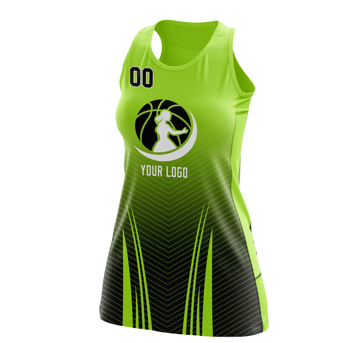 Custom Netball Dress | Neon Green Black for Women with V-Shaped Pinstripes Personalized Uniform