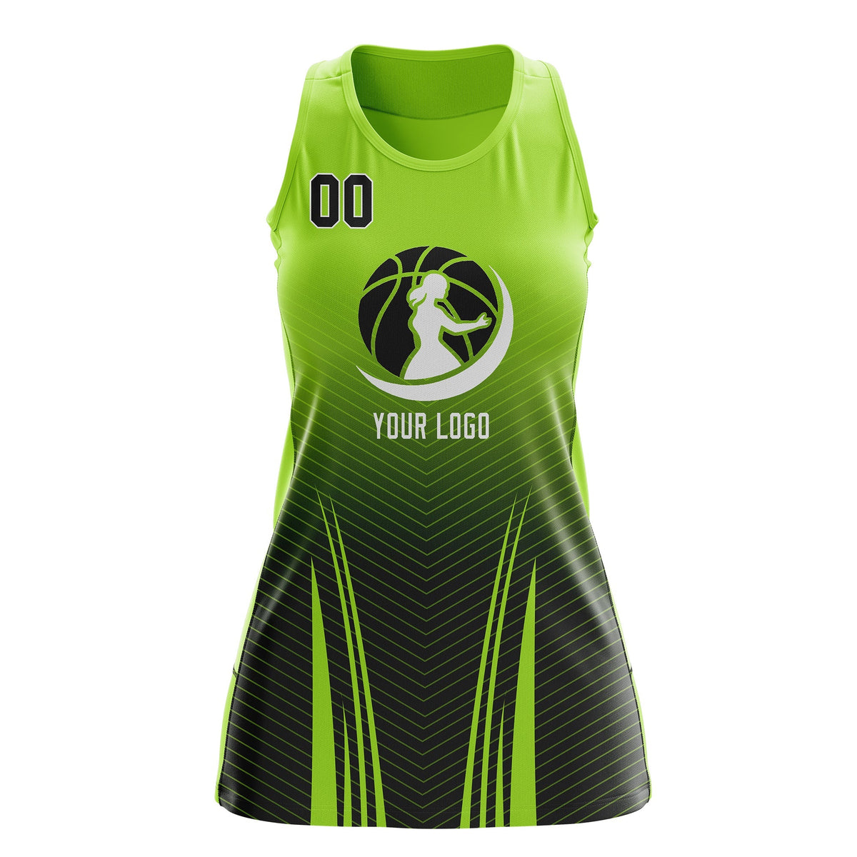 Custom Netball Dress | Neon Green Black for Women with V-Shaped Pinstripes Personalized Uniform
