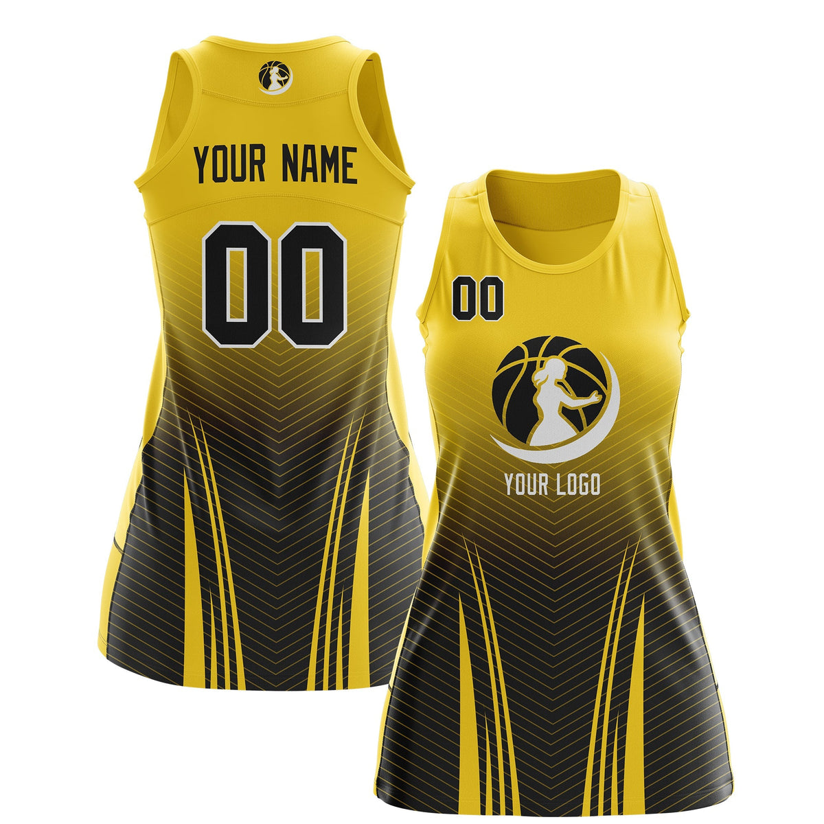 Custom Women Netball Dress | Gold Black V-Shaped Pinstripes Gradient Team Uniform