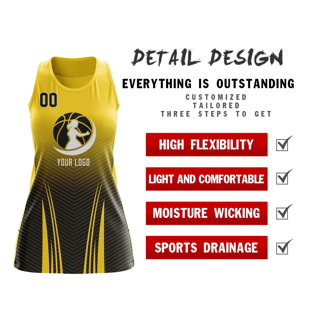Custom Women Netball Dress | Gold Black V-Shaped Pinstripes Gradient Team Uniform
