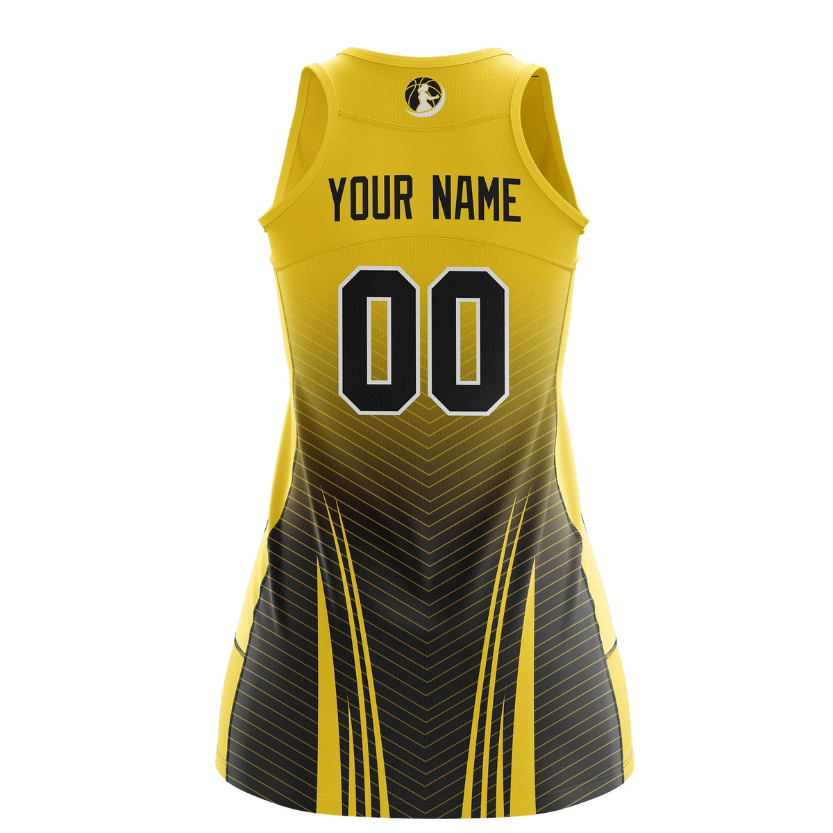 Custom Women Netball Dress | Gold Black V-Shaped Pinstripes Gradient Team Uniform