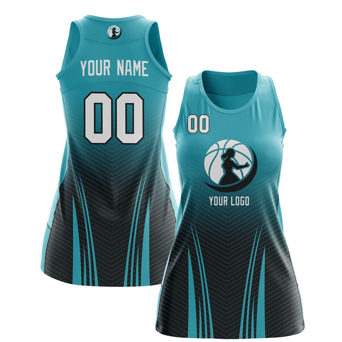 Custom Women Netball Dress | Aqua Black V-Shaped Pinstripes Gradient Uniform with Logo