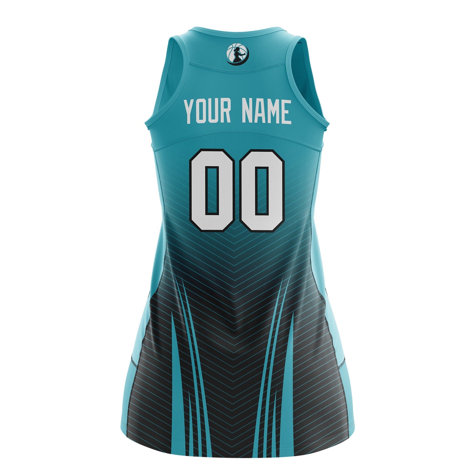 Custom Women Netball Dress | Aqua Black V-Shaped Pinstripes Gradient Uniform with Logo