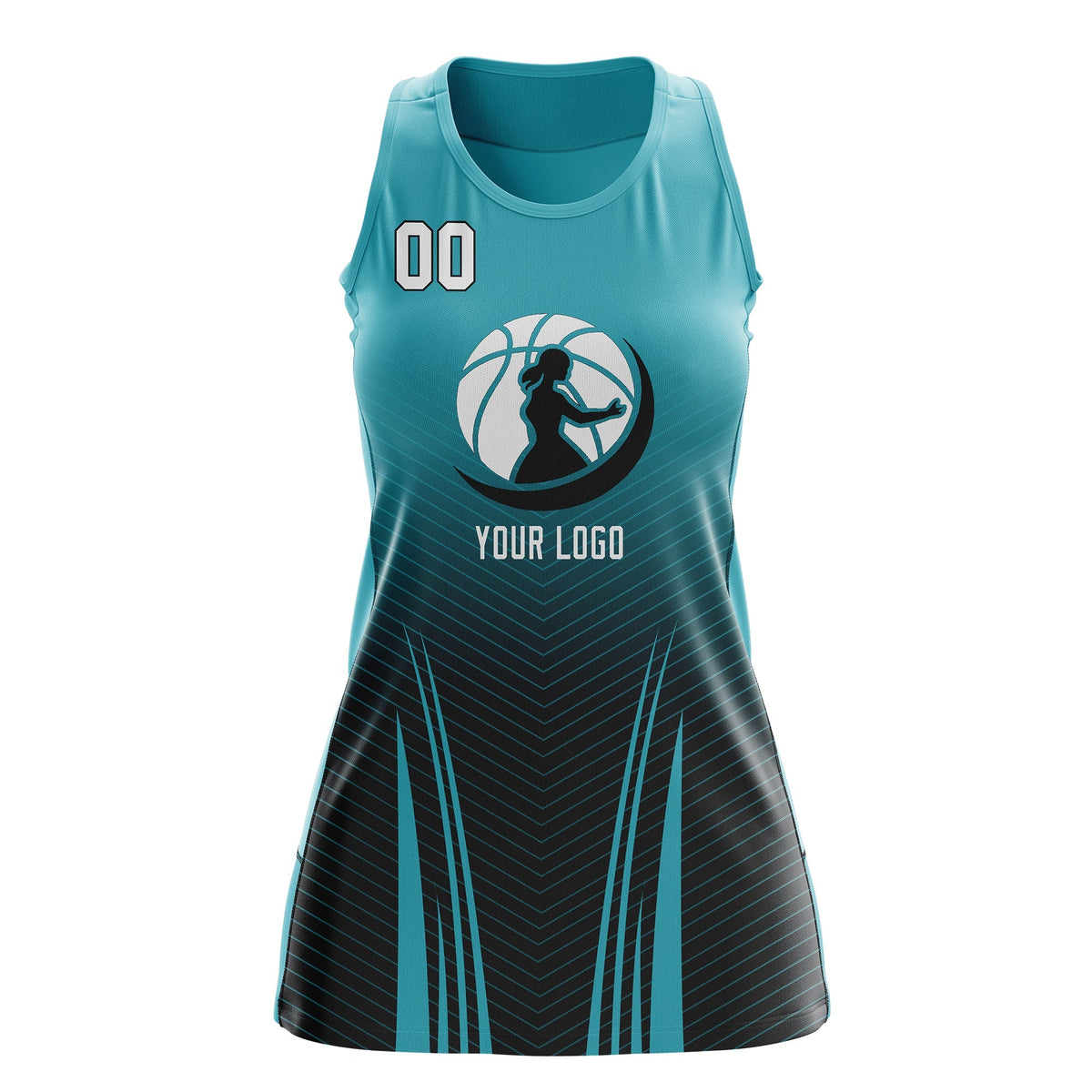 Custom Women Netball Dress | Aqua Black V-Shaped Pinstripes Gradient Uniform with Logo
