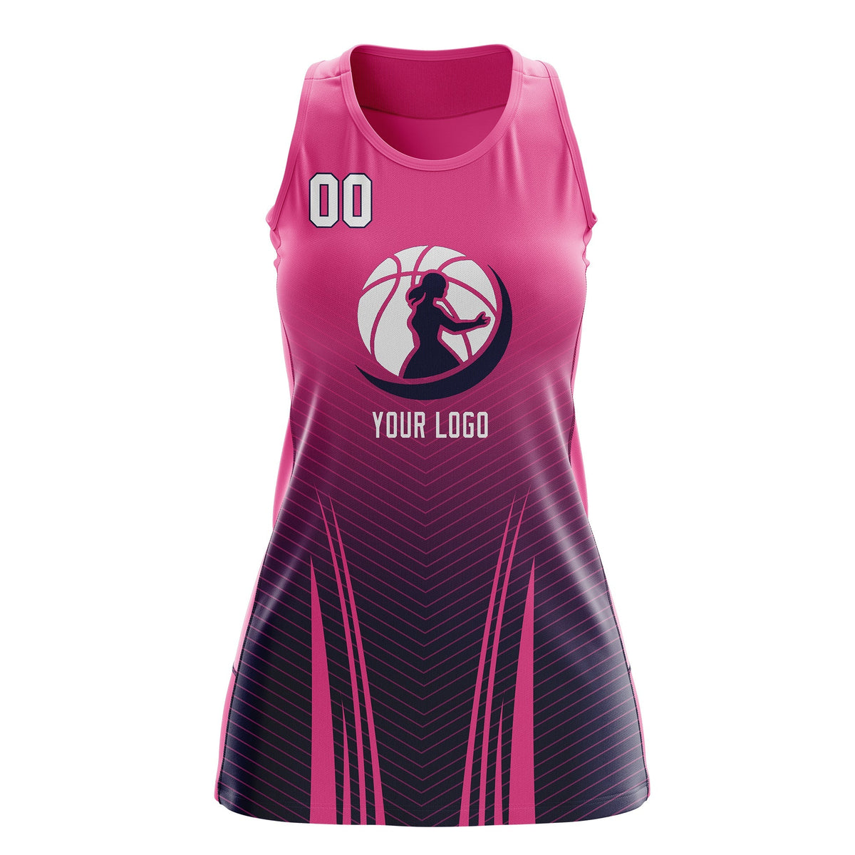 Custom Netball Dress | Rose Red Navy for Women with V-Shaped Pinstripes Personalized Uniform