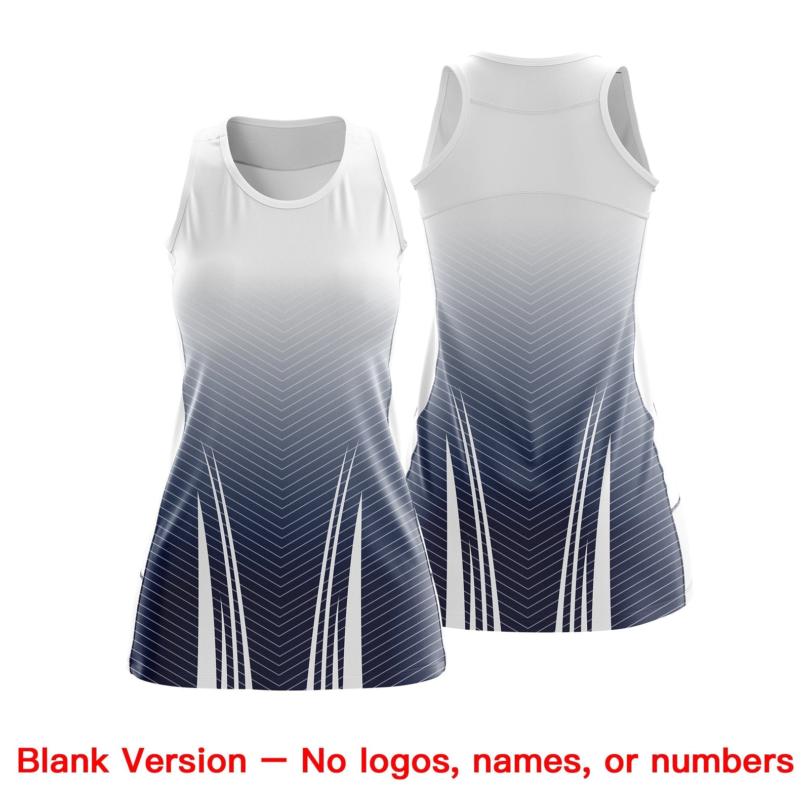 Custom Women Netball Dress | White Navy V-Shaped Pinstripes Gradient Team Uniform
