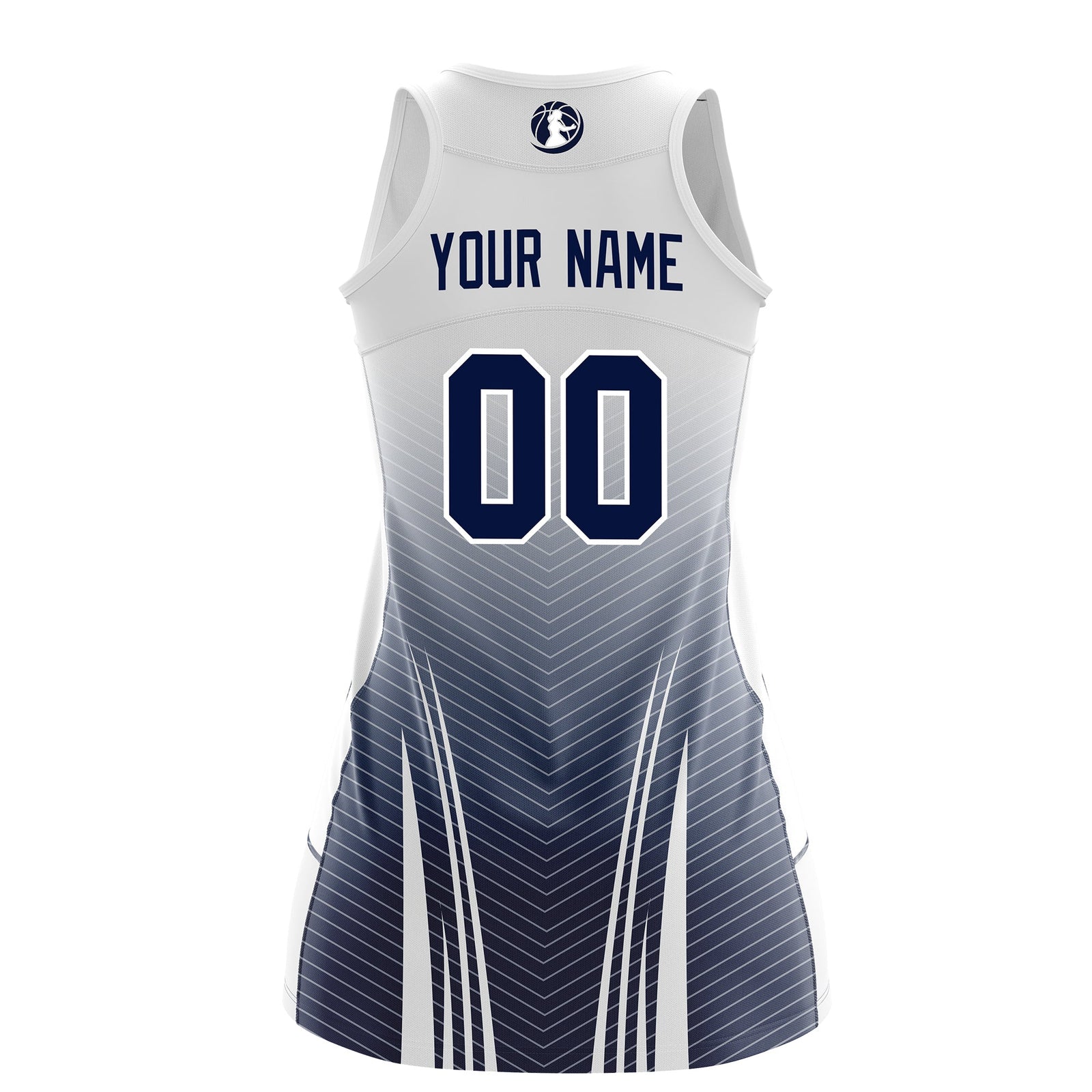 Custom Women Netball Dress | White Navy V-Shaped Pinstripes Gradient Team Uniform