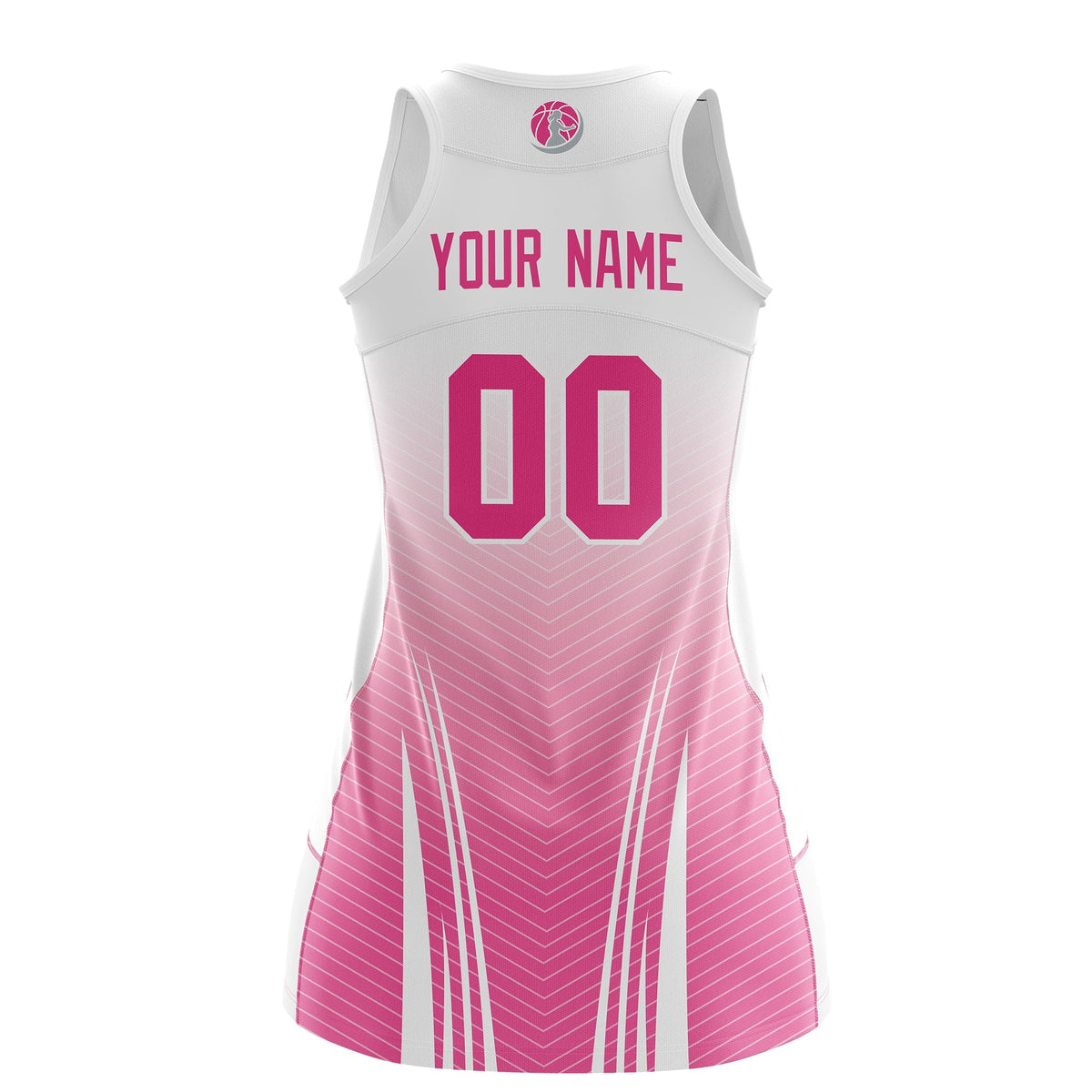 Custom Women Netball Dress | White Pink V-Shaped Pinstripes Gradient Uniform with Logo