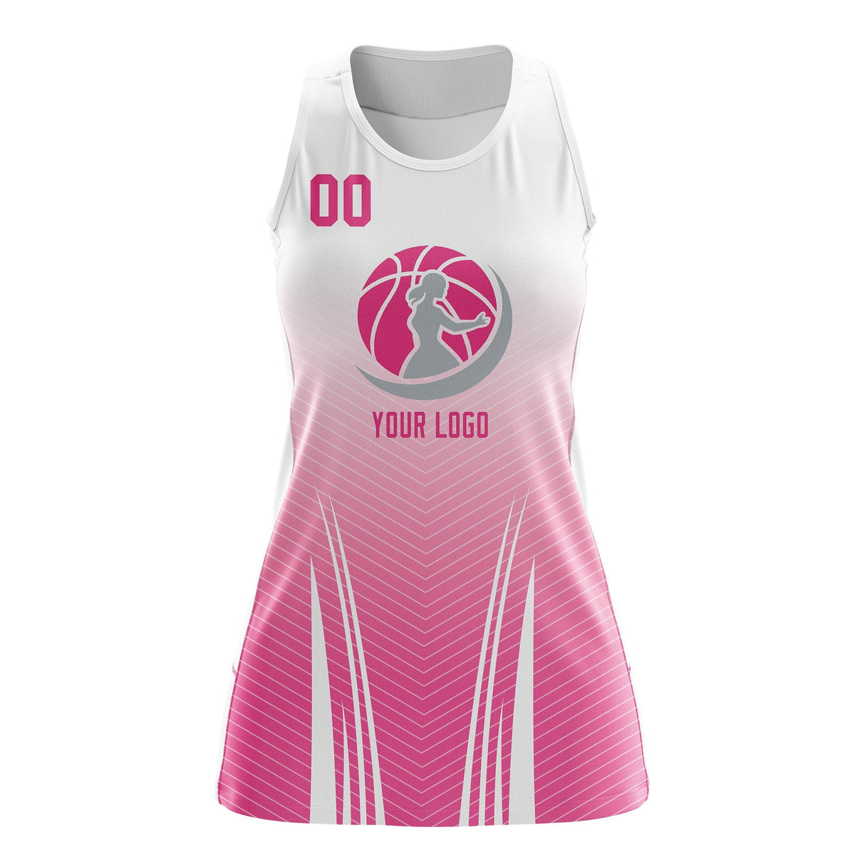 Custom Women Netball Dress | White Pink V-Shaped Pinstripes Gradient Uniform with Logo