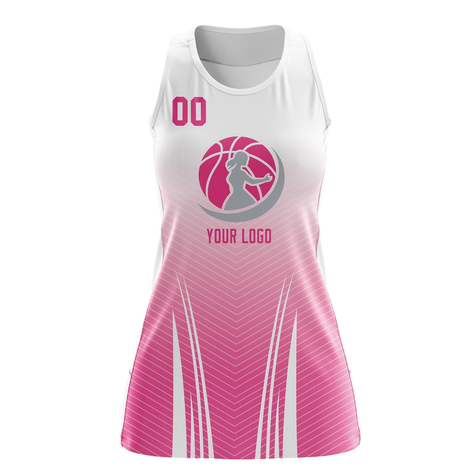Custom Women Netball Dress | White Pink V-Shaped Pinstripes Gradient Uniform with Logo