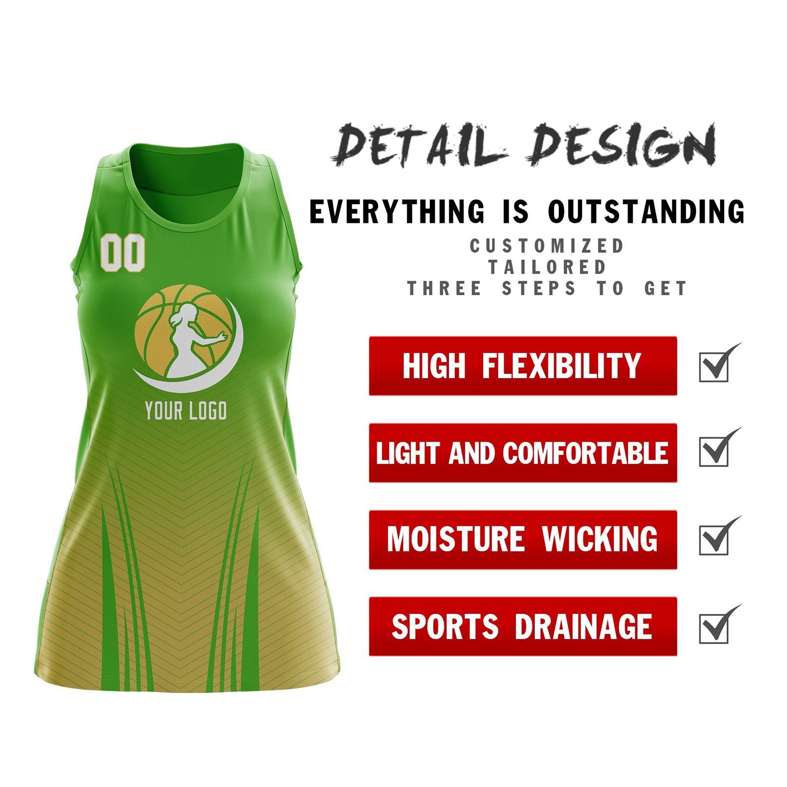 Custom Netball Dress | Light Green Khaki for Women with V-Shaped Pinstripes Personalized Uniform
