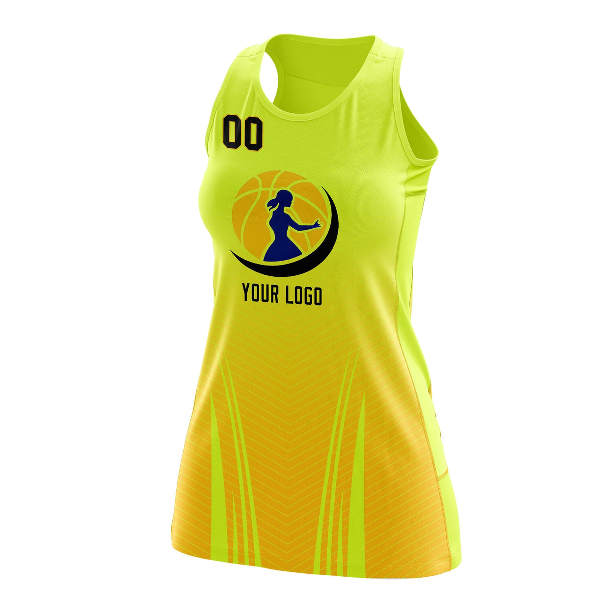 Custom Women Netball Dress | Fluorescent Green Gold V-Shaped Pinstripes Gradient Team Uniform
