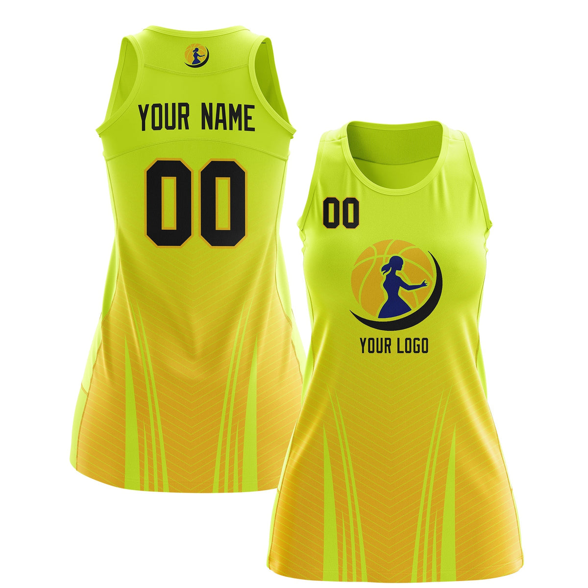 Custom Women Netball Dress | Fluorescent Green Gold V-Shaped Pinstripes Gradient Team Uniform